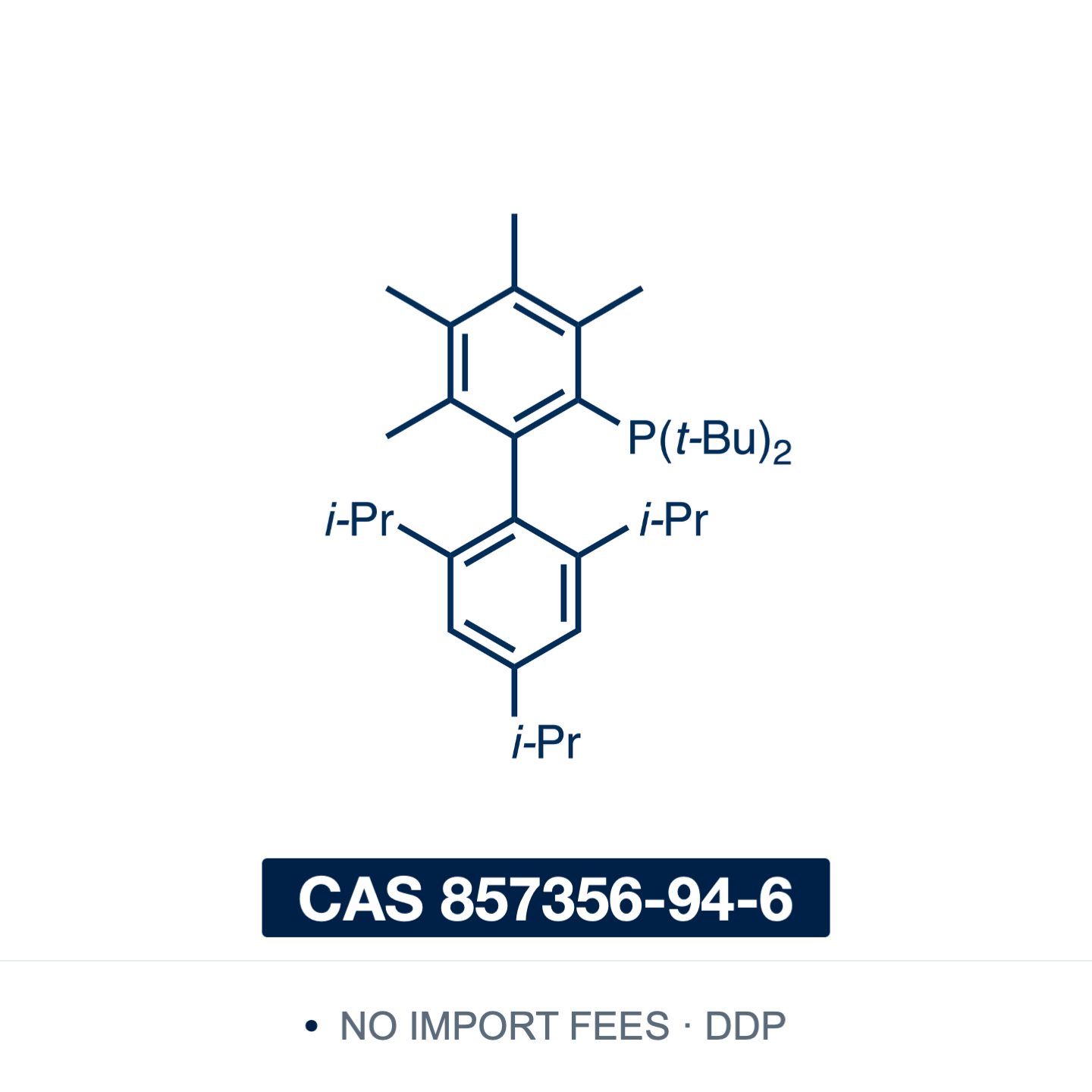 Chemical structure of Me4tBuXPhos (2-di-tert-butylphosphino-3,4,5,6-tetramethyl-2',4',6'-triisopropyl-1,1'-biphenyl), CAS 857356-94-6, ≥98% — bulky electron-rich biaryl phosphine with four methyl groups on the phosphorus-bearing ring; ligand for palladium-catalysed amidation of aryl chlorides, synthesis of phenols from aryl halides and coupling of aryl halides with secondary alcohols. Supplied by NorrChemica with DDP shipping. CoA and SDS provided.
