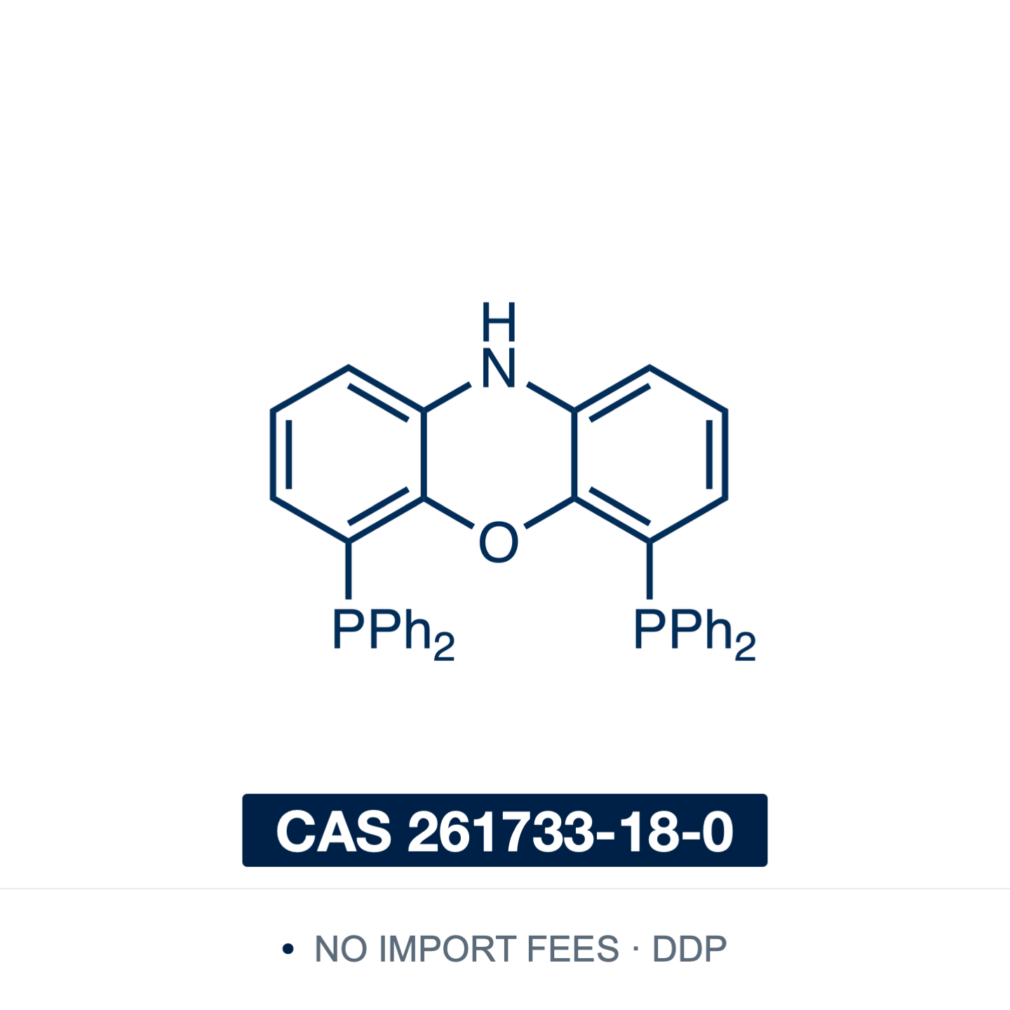 Chemical structure of Nixantphos (4,6-bis(diphenylphosphino)-10H-phenoxazine), CAS 261733-18-0, ≥98% — wide-bite-angle bidentate diphosphine on a phenoxazine backbone, with an N–H bridge in place of the gem-dimethyl group of Xantphos; ligand for palladium-catalysed cross-coupling and for deprotonative cross-coupling chemistry, where the bridge is deprotonated to an anionic ligand. Supplied by NorrChemica with DDP shipping. CoA and SDS provided.
