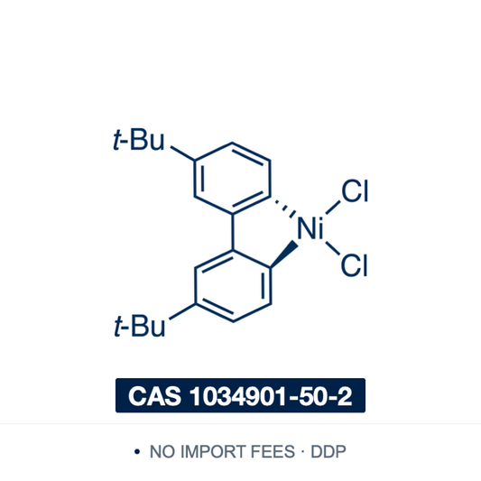Chemical structure of NiCl2(dtbbpy) (Dichloro(4,4'-di-tert-butyl-2,2'-bipyridine)nickel(II)), CAS 1034901-50-2, ≥97% — air-stable nickel(II) precatalyst (C18H24Cl2N2Ni) in which the bidentate N,N-donor 4,4'-di-tert-butyl-2,2'-bipyridine chelates nickel dichloride. Used as the nickel source in photoredox and electrochemical cross-coupling, including decarboxylative arylation of α-oxo acids, acylation of ethers, and cross-coupling of aryl bromides with alcohols. Supplied by NorrChemica with DDP shipping. CoA 