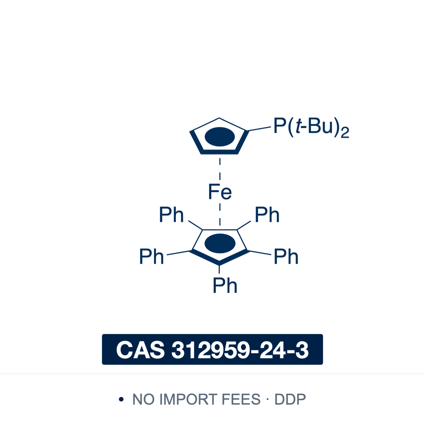 Chemical structure of QPhos (1,2,3,4,5-pentaphenyl-1'-(di-tert-butylphosphino)ferrocene), CAS 312959-24-3, ≥98% — bulky, electron-rich ferrocenyl monophosphine, air-stable as the free ligand; used in palladium-catalysed amination and etherification of aryl chlorides and bromides, Suzuki–Miyaura coupling and α-arylation of ester enolates. Supplied by NorrChemica with DDP shipping. CoA and SDS provided.