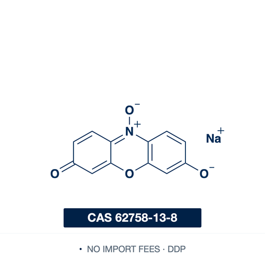 Chemical structure of Resazurin sodium salt, CAS 62758-13-8, ≥90.0% — water-soluble phenoxazine N-oxide redox indicator (sodium salt) reduced to fluorescent resorufin, used in cell viability, proliferation, and cytotoxicity assays (Alamar Blue) and microbial and enzyme activity testing. Supplied by NorrChemica with DDP shipping. CoA and SDS provided.