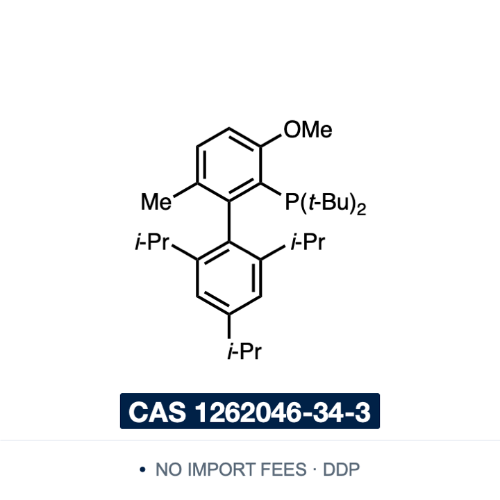 Chemical structure of RockPhos (di-tert-butyl(2′,4′,6′-triisopropyl-3-methoxy-6-methyl-[1,1′-biphenyl]-2-yl)phosphine), CAS 1262046-34-3, ≥98% — bulky electron-rich biaryl phosphine ligand for palladium-catalysed C–O bond formation, coupling primary and secondary alcohols with aryl and heteroaryl halides, including electron-rich substrates. Supplied by NorrChemica with DDP shipping. CoA and SDS provided.
