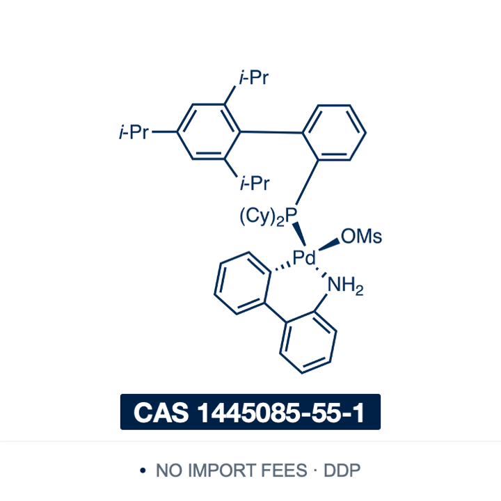 Chemical structure of XPhos Pd G3, CAS 1445085-55-1, ≥98% — a third-generation Buchwald aminobiphenyl palladacycle carrying the bulky XPhos ligand, which on base activation releases the monoligated LPd(0) active species, used for Buchwald-Hartwig amination, Suzuki-Miyaura coupling and C-N bond formation with hindered or heteroaryl partners. Supplied by NorrChemica with DDP shipping. CoA and SDS provided.