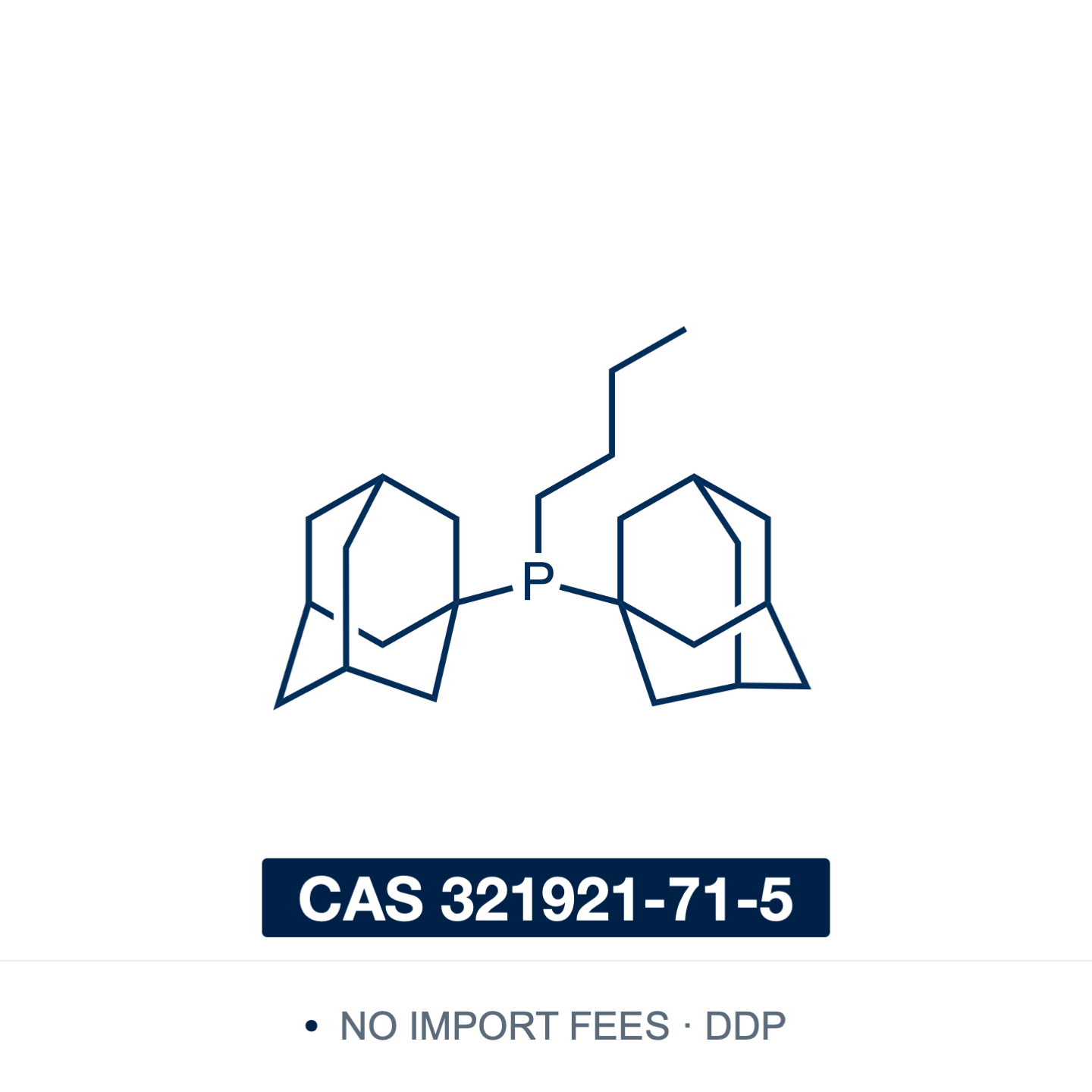 Chemical structure of cataCXium A (di(1-adamantyl)-n-butylphosphine), CAS 321921-71-5, ≥97% — bulky, strongly electron-donating monodentate trialkylphosphine with two adamantyl cages and an n-butyl chain on phosphorus; ligand for palladium-catalysed Suzuki–Miyaura, Heck, Sonogashira and Buchwald–Hartwig coupling of aryl chlorides, α-arylation of ketones and carbonylation. Supplied by NorrChemica with DDP shipping. CoA and SDS provided.