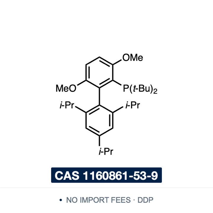 Chemical structure of tBuBrettPhos (di-tert-butyl(2′,4′,6′-triisopropyl-3,6-dimethoxy-[1,1′-biphenyl]-2-yl)phosphine), CAS 1160861-53-9, ≥98% — bulky electron-rich biaryl phosphine ligand for palladium-catalysed halide exchange, converting aryl and vinyl triflates to bromides, chlorides and fluorides, and for the O-arylation of ethyl acetohydroximates, conversion of aryl chlorides and sulfonates to nitroaromatics, and coupling of amides with aryl mesylates. Supplied by NorrChemica with DDP shipping.