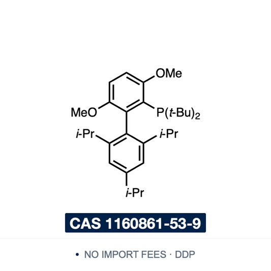 Chemical structure of tBuBrettPhos (di-tert-butyl(2′,4′,6′-triisopropyl-3,6-dimethoxy-[1,1′-biphenyl]-2-yl)phosphine), CAS 1160861-53-9, ≥98% — bulky electron-rich biaryl phosphine ligand for palladium-catalysed halide exchange, converting aryl and vinyl triflates to bromides, chlorides and fluorides, and for the O-arylation of ethyl acetohydroximates, conversion of aryl chlorides and sulfonates to nitroaromatics, and coupling of amides with aryl mesylates. Supplied by NorrChemica with DDP shipping.