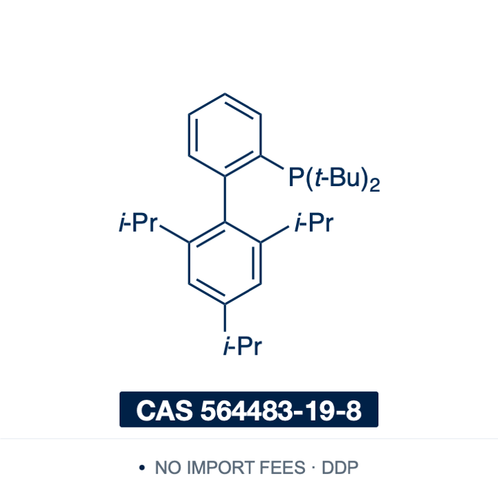Chemical structure of tBuXPhos (di-tert-butyl(2′,4′,6′-triisopropyl-[1,1′-biphenyl]-2-yl)phosphine), CAS 564483-19-8, ≥98% — air-stable, electron-rich biaryl phosphine ligand for palladium-catalysed C–N and C–O bond formation, including phenol synthesis from aryl halides and hydroxide, cyanation of aryl chlorides and bromides, arylation of pyrazoles, indazoles and amino heterocycles, and carboxylation with carbon dioxide. Supplied by NorrChemica with DDP shipping. CoA and SDS provided.