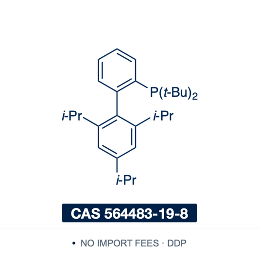 Chemical structure of tBuXPhos (di-tert-butyl(2′,4′,6′-triisopropyl-[1,1′-biphenyl]-2-yl)phosphine), CAS 564483-19-8, ≥98% — air-stable, electron-rich biaryl phosphine ligand for palladium-catalysed C–N and C–O bond formation, including phenol synthesis from aryl halides and hydroxide, cyanation of aryl chlorides and bromides, arylation of pyrazoles, indazoles and amino heterocycles, and carboxylation with carbon dioxide. Supplied by NorrChemica with DDP shipping. CoA and SDS provided.
