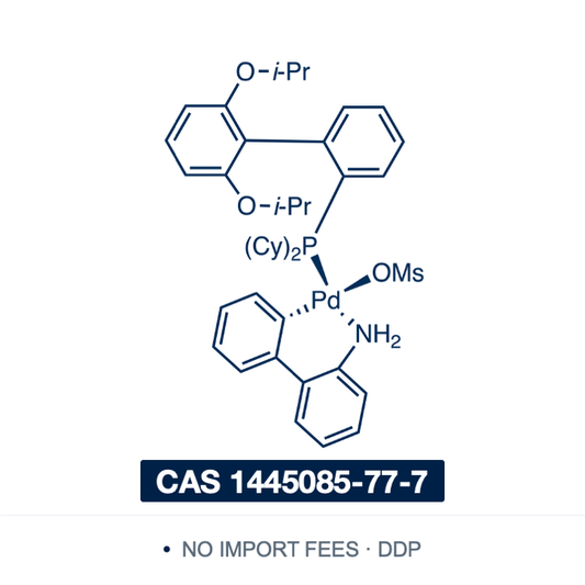 Chemical structure of RuPhos Pd G3, CAS 1445085-77-7, ≥98% — a third-generation Buchwald aminobiphenyl palladacycle carrying the RuPhos ligand, which on base activation releases the monoligated LPd(0) active species, used for Buchwald-Hartwig amination and Suzuki-Miyaura coupling of hindered and heteroaryl substrates. Supplied by NorrChemica with DDP shipping. CoA and SDS provided.