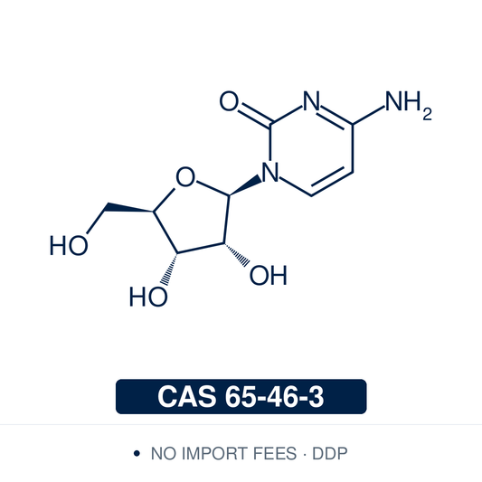 Chemical structure of Cytidine, CAS 65-46-3, ≥98% — pyrimidine ribonucleoside and RNA building block; cytosine linked to D-ribose. Supplied by NorrChemica with DDP shipping. CoA and SDS provided.