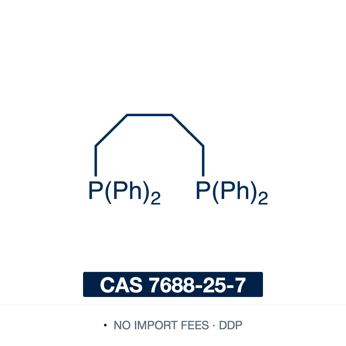 Chemical structure of dppb (1,4-Bis(diphenylphosphino)butane), CAS 7688-25-7, ≥97% — symmetrical bidentate diphosphine ligand (C28H28P2), two diphenylphosphino (-PPh2) groups joined by a four-carbon butylene bridge: Ph2P-(CH2)4-PPh2. A flexible chelating ligand that binds a metal in a seven-membered ring (bite angle ~94 deg), used to prepare transition-metal complexes for cross-coupling (PdCl2(dppb) pre-catalyst) including coupling of alkyl Grignards. Supplied by NorrChemica with DDP shipping. CoA and SDS 