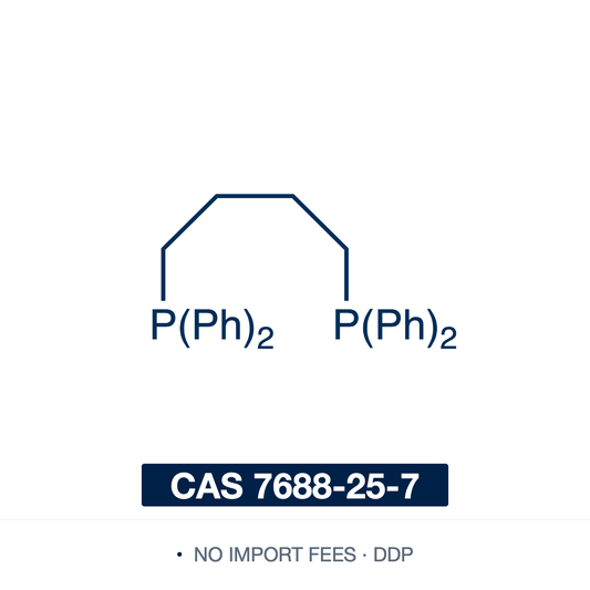 Chemical structure of dppb (1,4-Bis(diphenylphosphino)butane), CAS 7688-25-7, ≥97% — symmetrical bidentate diphosphine ligand (C28H28P2), two diphenylphosphino (-PPh2) groups joined by a four-carbon butylene bridge: Ph2P-(CH2)4-PPh2. A flexible chelating ligand that binds a metal in a seven-membered ring (bite angle ~94 deg), used to prepare transition-metal complexes for cross-coupling (PdCl2(dppb) pre-catalyst) including coupling of alkyl Grignards. Supplied by NorrChemica with DDP shipping. CoA and SDS 