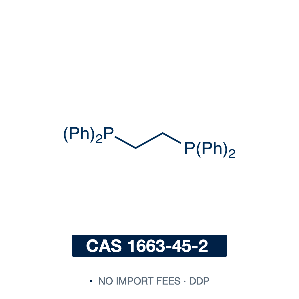 Chemical structure of 1,2-Bis(diphenylphosphino)ethane (dppe; ethylenebis(diphenylphosphine)), CAS 1663-45-2, ≥97% — symmetrical bidentate diphosphine ligand (C26H24P2), two diphenylphosphino (-PPh2) groups joined by an ethylene bridge: Ph2P-CH2CH2-PPh2. A chelating ligand that binds a metal through both phosphines in a five-membered ring, used to prepare transition-metal complexes for homogeneous catalysis such as hydrogenation and cross-coupling. Supplied by NorrChemica with DDP shipping. CoA and SDS pr