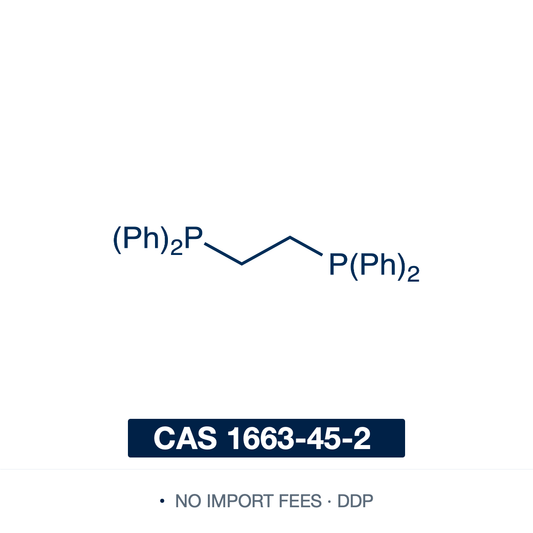 Chemical structure of 1,2-Bis(diphenylphosphino)ethane (dppe; ethylenebis(diphenylphosphine)), CAS 1663-45-2, ≥97% — symmetrical bidentate diphosphine ligand (C26H24P2), two diphenylphosphino (-PPh2) groups joined by an ethylene bridge: Ph2P-CH2CH2-PPh2. A chelating ligand that binds a metal through both phosphines in a five-membered ring, used to prepare transition-metal complexes for homogeneous catalysis such as hydrogenation and cross-coupling. Supplied by NorrChemica with DDP shipping. CoA and SDS pr