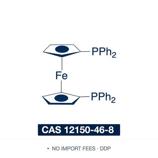 Chemical structure of Dppf (1,1'-Bis(diphenylphosphino)ferrocene), CAS 12150-46-8, ≥97% — bidentate ferrocene diphosphine ligand (C34H28FeP2), a ferrocene bearing a diphenylphosphino (–PPh2) group on each cyclopentadienyl ring at the 1,1'-positions. A wide-bite-angle chelating ligand for Pd, Ni and Ru catalysis, used in Suzuki, Negishi and Buchwald–Hartwig cross-coupling and carbonyl α-arylation, and precursor to the popular catalyst (dppf)PdCl2. Supplied by NorrChemica with DDP shipping. CoA and SDS provid