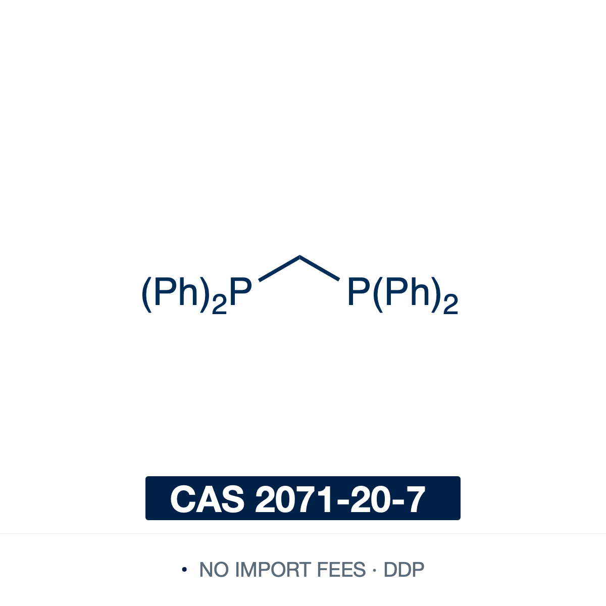 Chemical structure of dppm (Bis(diphenylphosphino)methane), CAS 2071-20-7, ≥98% — short-bite bidentate diphosphine ligand (C25H22P2), two diphenylphosphino (-PPh2) groups joined by a single methylene bridge: Ph2P-CH2-PPh2. Its one-carbon backbone gives a small bite angle (~73 deg), so rather than chelating one metal it characteristically bridges two, building bimetallic and polynuclear complexes with close metal-metal contact. Supplied by NorrChemica with DDP shipping. CoA and SDS provided.