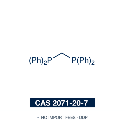 Chemical structure of dppm (Bis(diphenylphosphino)methane), CAS 2071-20-7, ≥98% — short-bite bidentate diphosphine ligand (C25H22P2), two diphenylphosphino (-PPh2) groups joined by a single methylene bridge: Ph2P-CH2-PPh2. Its one-carbon backbone gives a small bite angle (~73 deg), so rather than chelating one metal it characteristically bridges two, building bimetallic and polynuclear complexes with close metal-metal contact. Supplied by NorrChemica with DDP shipping. CoA and SDS provided.