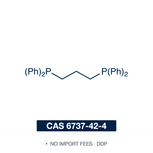 Chemical structure of dppp (1,3-Bis(diphenylphosphino)propane), CAS 6737-42-4, ≥97% — symmetrical bidentate diphosphine ligand (C27H26P2), two diphenylphosphino (-PPh2) groups joined by a three-carbon propylene bridge: Ph2P-CH2CH2CH2-PPh2. A chelating ligand that binds a metal in a six-membered ring (bite angle ~91 deg), used to prepare transition-metal complexes for cross-coupling (Ni(dppp)Cl2 for Kumada coupling) and carbonylation. Supplied by NorrChemica with DDP shipping. CoA and SDS provided.