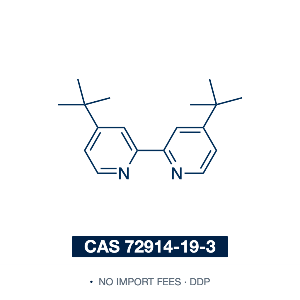 Chemical structure of 4,4'-Di-tert-butyl-2,2'-bipyridine (dtbpy), CAS 72914-19-3, ≥98% — sterically hindered bidentate nitrogen ligand used in iridium-catalysed C–H borylation, ruthenium and iridium photoredox catalysis, copper and nickel cross-coupling, and metal-organic framework synthesis. Supplied by NorrChemica with DDP shipping. CoA and SDS provided.