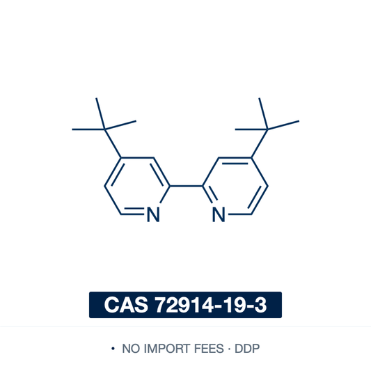 Chemical structure of 4,4'-Di-tert-butyl-2,2'-bipyridine (dtbpy), CAS 72914-19-3, ≥98% — sterically hindered bidentate nitrogen ligand used in iridium-catalysed C–H borylation, ruthenium and iridium photoredox catalysis, copper and nickel cross-coupling, and metal-organic framework synthesis. Supplied by NorrChemica with DDP shipping. CoA and SDS provided.