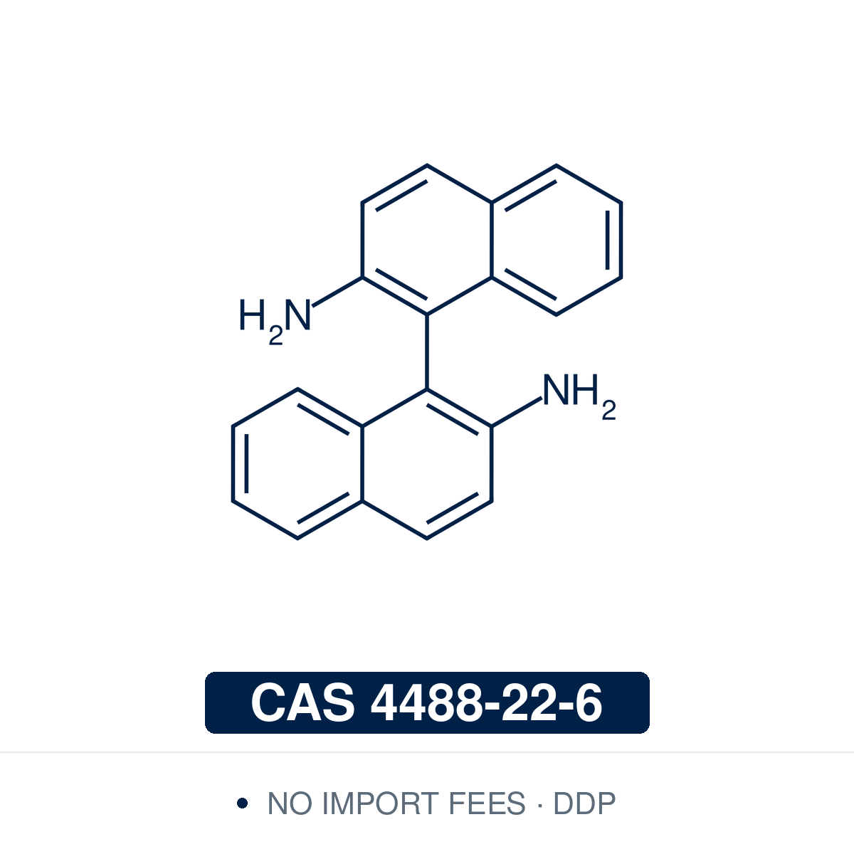 Chemical structure of (±)-1,1'-Binaphthyl-2,2'-diamine (rac-BINAM; (±)-DABN), CAS 4488-22-6, ≥97% — C2-symmetric, atropisomeric binaphthyl diamine (C20H16N2), two naphthalene units joined at the 1,1'-positions bearing amino groups at 2 and 2', the nitrogen analogue of BINOL, supplied as the 1:1 racemate. A building block for binaphthyl ligand synthesis and the starting material for resolution to (R)- and (S)-BINAM. Supplied by NorrChemica with DDP shipping. CoA and SDS provided.