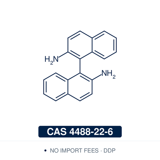 Chemical structure of (±)-1,1'-Binaphthyl-2,2'-diamine (rac-BINAM; (±)-DABN), CAS 4488-22-6, ≥97% — C2-symmetric, atropisomeric binaphthyl diamine (C20H16N2), two naphthalene units joined at the 1,1'-positions bearing amino groups at 2 and 2', the nitrogen analogue of BINOL, supplied as the 1:1 racemate. A building block for binaphthyl ligand synthesis and the starting material for resolution to (R)- and (S)-BINAM. Supplied by NorrChemica with DDP shipping. CoA and SDS provided.