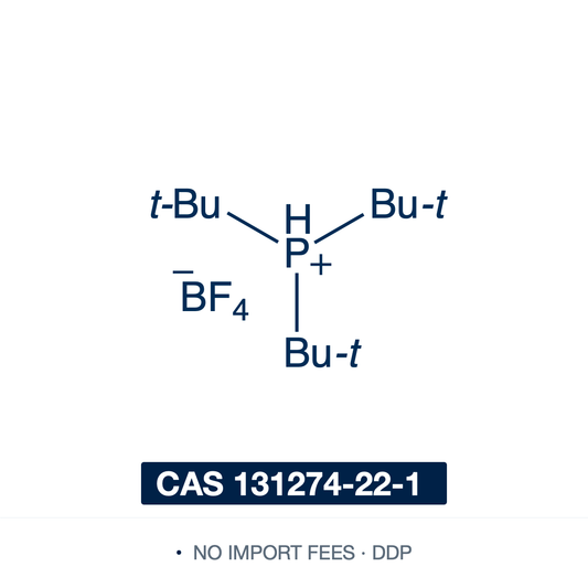 Chemical structure of tri-tert-butylphosphonium tetrafluoroborate (tBu3P·HBF4, TTBP), CAS 131274-22-1, ≥98% — air-stable crystalline salt (C12H28BF4P) that liberates the bulky, electron-rich phosphine P(t-Bu)3 in situ on treatment with base. A premier ligand precursor for Pd-catalyzed cross-coupling of unreactive aryl chlorides: Suzuki-Miyaura, Negishi, Buchwald-Hartwig C-N amination, alpha-arylation and Sonogashira. A stable stand-in for the pyrophoric free phosphine. Supplied by NorrChemica with DDP.