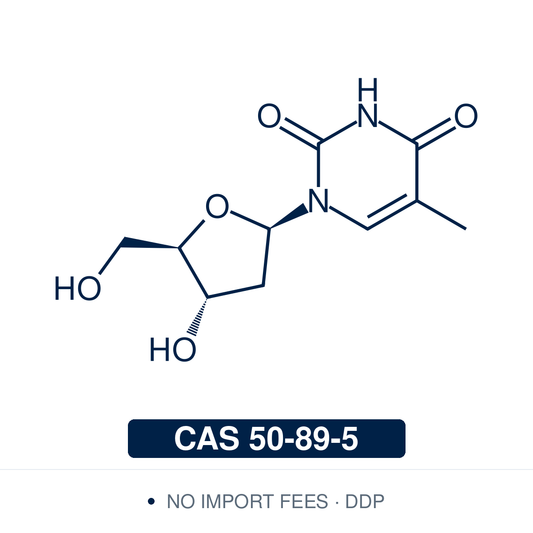 Chemical structure of Thymidine (2'-deoxythymidine), CAS 50-89-5, ≥99% — pyrimidine 2'-deoxyribonucleoside and DNA building block used in oligonucleotide synthesis and cell-cycle synchronisation. Supplied by NorrChemica with DDP shipping. CoA and SDS provided.