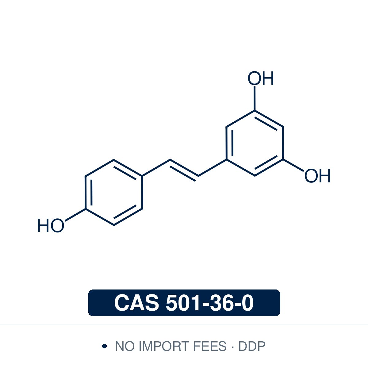 Chemical structure of trans-Resveratrol, CAS 501-36-0, ≥ 99.0% — research chemical for stilbenoid biochemistry and polyphenol studies. Supplied by NorrChemica with DDP shipping. CoA and SDS provided.