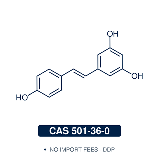Chemical structure of trans-Resveratrol, CAS 501-36-0, ≥ 99.0% — research chemical for stilbenoid biochemistry and polyphenol studies. Supplied by NorrChemica with DDP shipping. CoA and SDS provided.