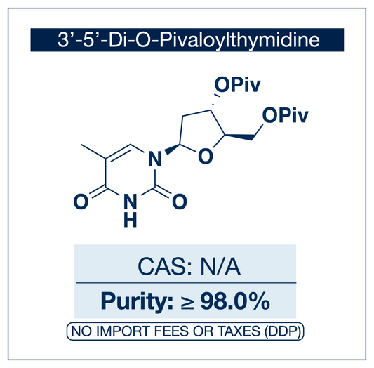 Chemical structure of 3′,5′-Di-O-Pivaloylthymidine, ≥98% — pivaloyl-protected thymidine derivative used as a building block in oligonucleotide synthesis, nucleoside chemistry, and as a sugar-protected intermediate for selective modification of the thymine base. Supplied by NorrChemica with DDP shipping. CoA and SDS provided.​​​​​​​​​​​​​​​​