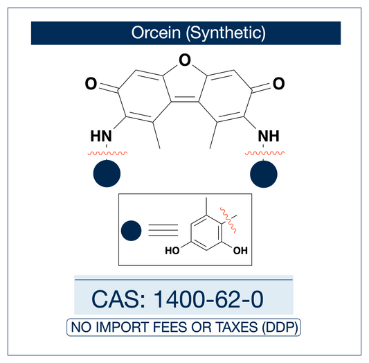 Chemical structure of Orcein (Synthetic), CAS 1400-62-0, E1%1cm ≥300 (579–583 nm, MeOH) — phenoxazone-class histological dye (C.I. Natural Red 28) and reproducible synthetic equivalent of natural lichen-derived orcein used as a research-grade vital stain for elastic fibres in cardiovascular and pulmonary histology, aceto-orcein chromosome staining in plant cytogenetics, hepatic copper-binding protein research, and connective tissue methodology. Supplied by NorrChemica with DDP shipping. CoA and SDS.
