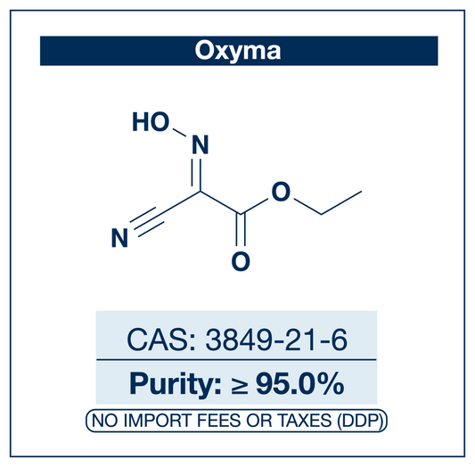 Chemical structure of Oxyma, CAS 3849-21-6, ≥95% — ethyl 2-cyano-2-(hydroxyimino)acetate peptide coupling additive used as a non-explosive HOBt/HOAt replacement for racemization suppression and active ester formation in solid-phase peptide synthesis (SPPS), commonly paired with DIC, COMU, HBTU, or HATU activators in solution-phase peptide chemistry, bioconjugation, and macrocyclization. Supplied by NorrChemica with DDP shipping. CoA and SDS provided.
