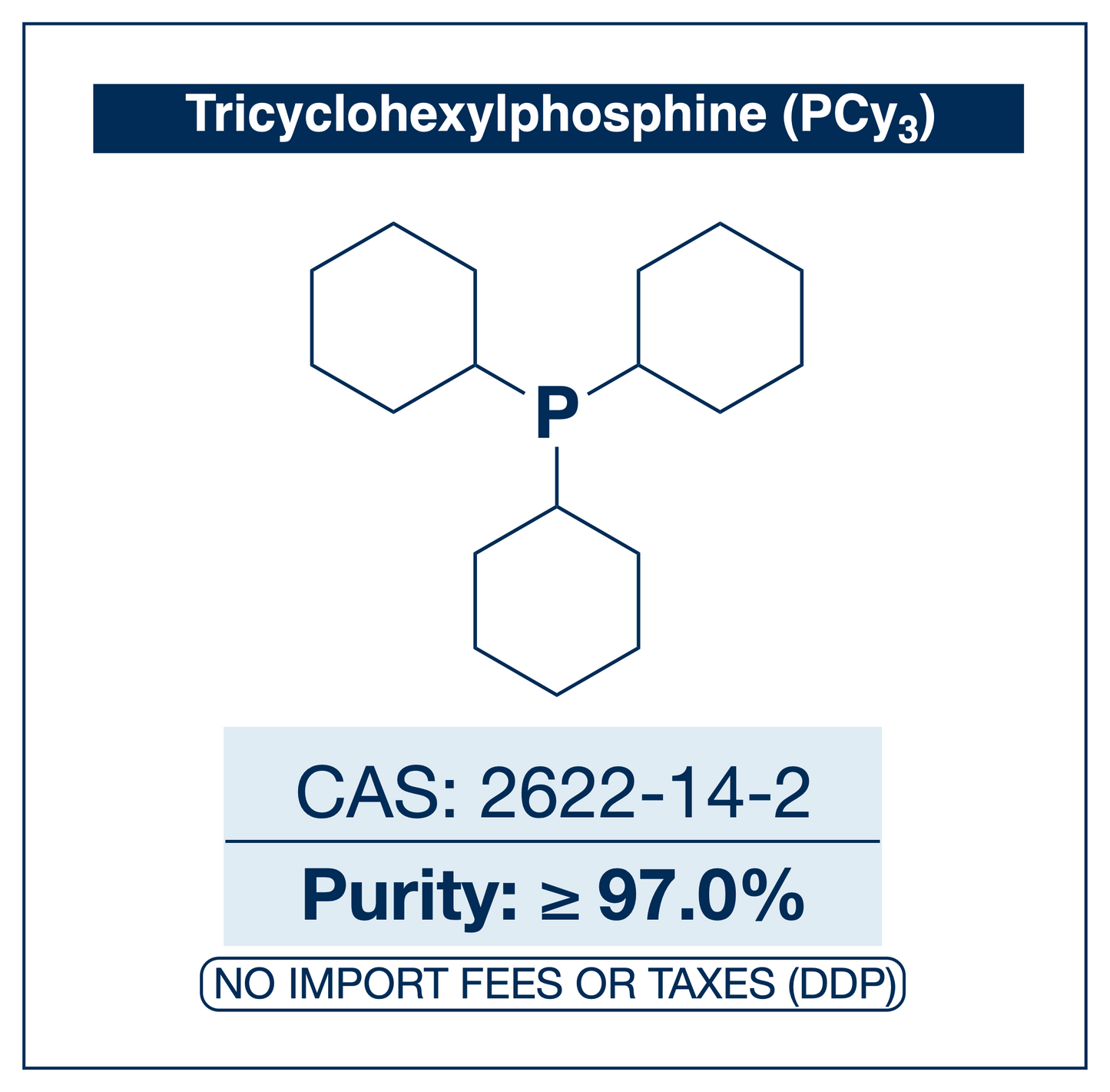 Chemical structure of Tricyclohexylphosphine (PCy3), CAS 2622-14-2, ≥97% — electron-rich, bulky trialkylphosphine ligand for palladium and ruthenium catalysis, including olefin metathesis and cross-coupling. Supplied by NorrChemica with EU DDP shipping. CoA and SDS provided.