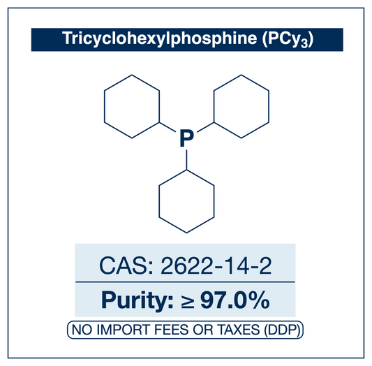 Chemical structure of Tricyclohexylphosphine (PCy3), CAS 2622-14-2, ≥97% — electron-rich, bulky trialkylphosphine ligand for palladium and ruthenium catalysis, including olefin metathesis and cross-coupling. Supplied by NorrChemica with EU DDP shipping. CoA and SDS provided.