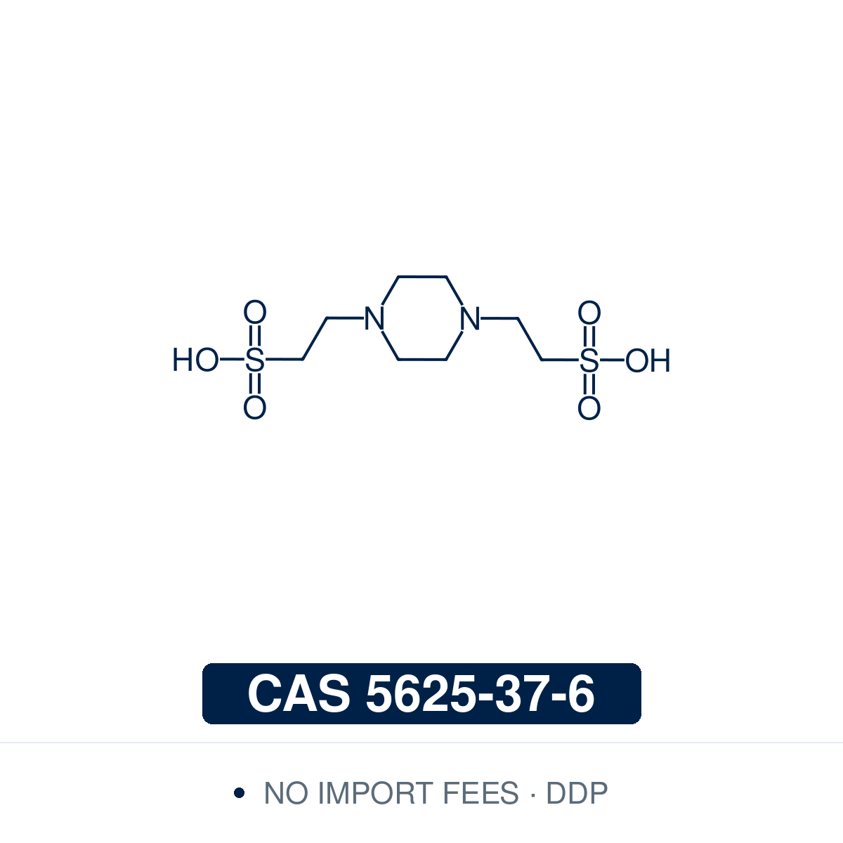 Chemical structure of PIPES (C₈H₁₈N₂O₆S₂), CAS 5625-37-6, ≥98% — Good's buffer of the ethanesulfonic acid series with a useful buffering range of pH 6.1–7.5, used in fixatives for electron microscopy, as a component of PHEM buffer, and in studies of microtubule assembly and caspases. Supplied by NorrChemica with DDP shipping. CoA and SDS provided.
