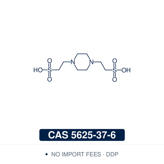 Chemical structure of PIPES (C₈H₁₈N₂O₆S₂), CAS 5625-37-6, ≥98% — Good's buffer of the ethanesulfonic acid series with a useful buffering range of pH 6.1–7.5, used in fixatives for electron microscopy, as a component of PHEM buffer, and in studies of microtubule assembly and caspases. Supplied by NorrChemica with DDP shipping. CoA and SDS provided.