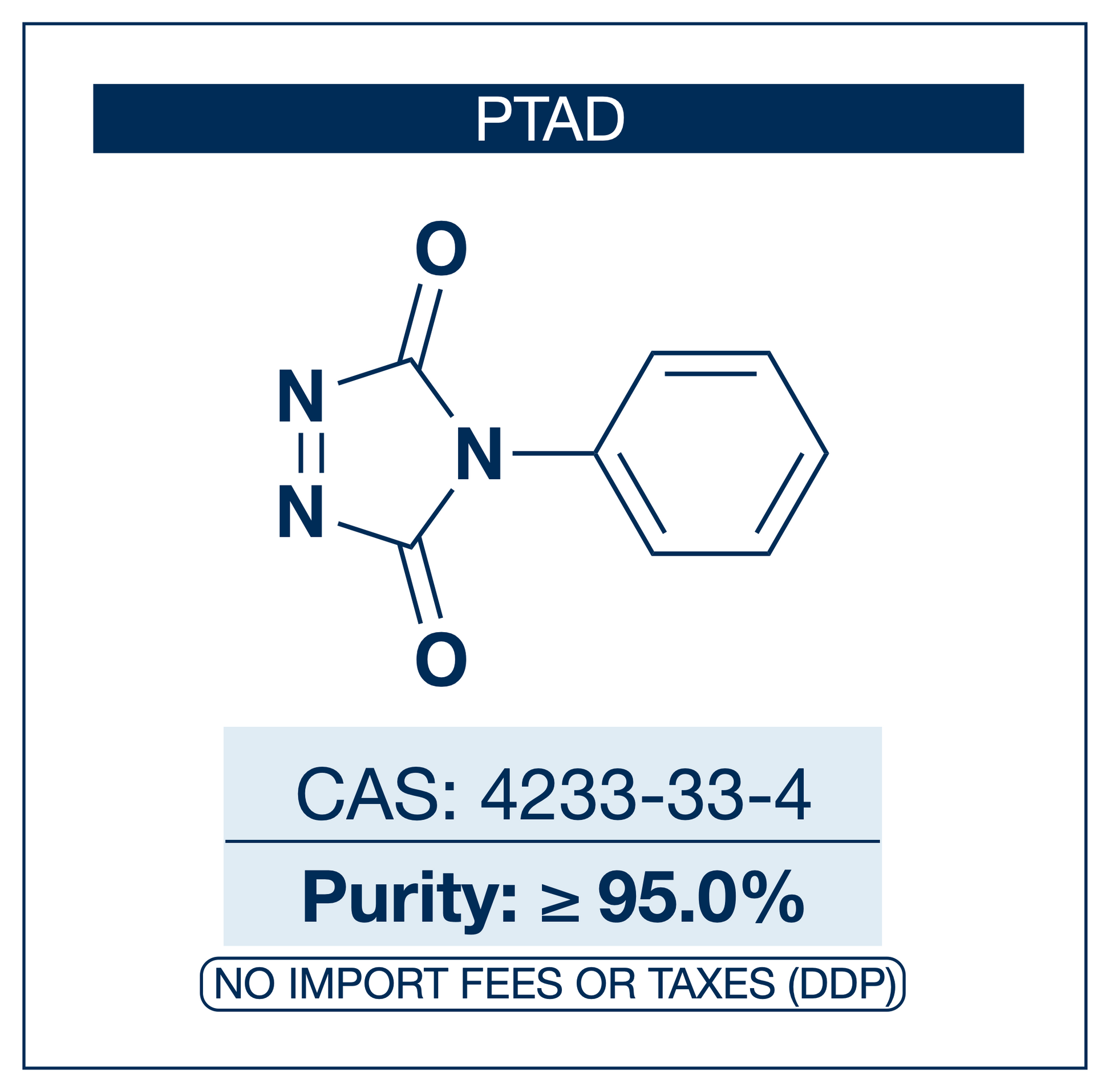 Chemical structure of PTAD, CAS 4233-33-4, ≥95% — 4-phenyl-1,2,4-triazoline-3,5-dione, the most reactive conventional Diels-Alder dienophile and a leading tyrosine-selective bioconjugation reagent for ultra-fast cycloadditions with furans, anthracene, and cyclopentadiene, site-selective protein modification at native tyrosines, antibody conjugation research, TAD-ene polymer click chemistry, self-healing materials, and total synthesis. Supplied by NorrChemica with DDP shipping. CoA and SDS provided.
