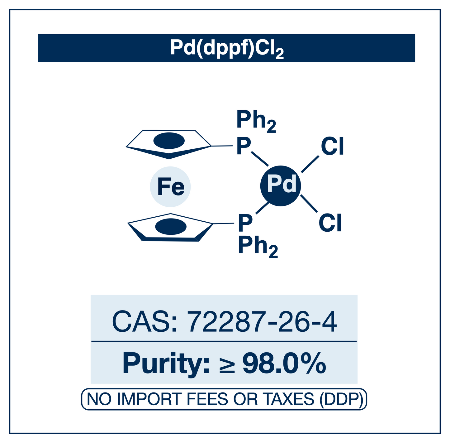 Chemical structure of Pd(dppf)Cl2, CAS 72287-26-4, ≥98% — ferrocene-based diphosphine palladium(II) precatalyst for cross-coupling, including Suzuki-Miyaura and Negishi reactions. Supplied by NorrChemica with DDP shipping. CoA and SDS provided.