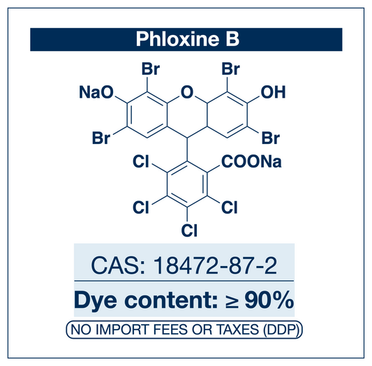 Chemical structure of Phloxine B, CAS 18472-87-2, ≥90% dye content — tetrabromo-tetrachloro halogenated xanthene dye (C.I. 45410 / Acid Red 92) with red-pink emission and singlet oxygen generation used as a research-grade fluorochrome for histological counterstaining as an eosin alternative, photodynamic photosensitizer in antimicrobial photoinactivation research, fluorescence microscopy, and oxidative stress in cell biology. Supplied by NorrChemica with DDP shipping. CoA and SDS provided.
