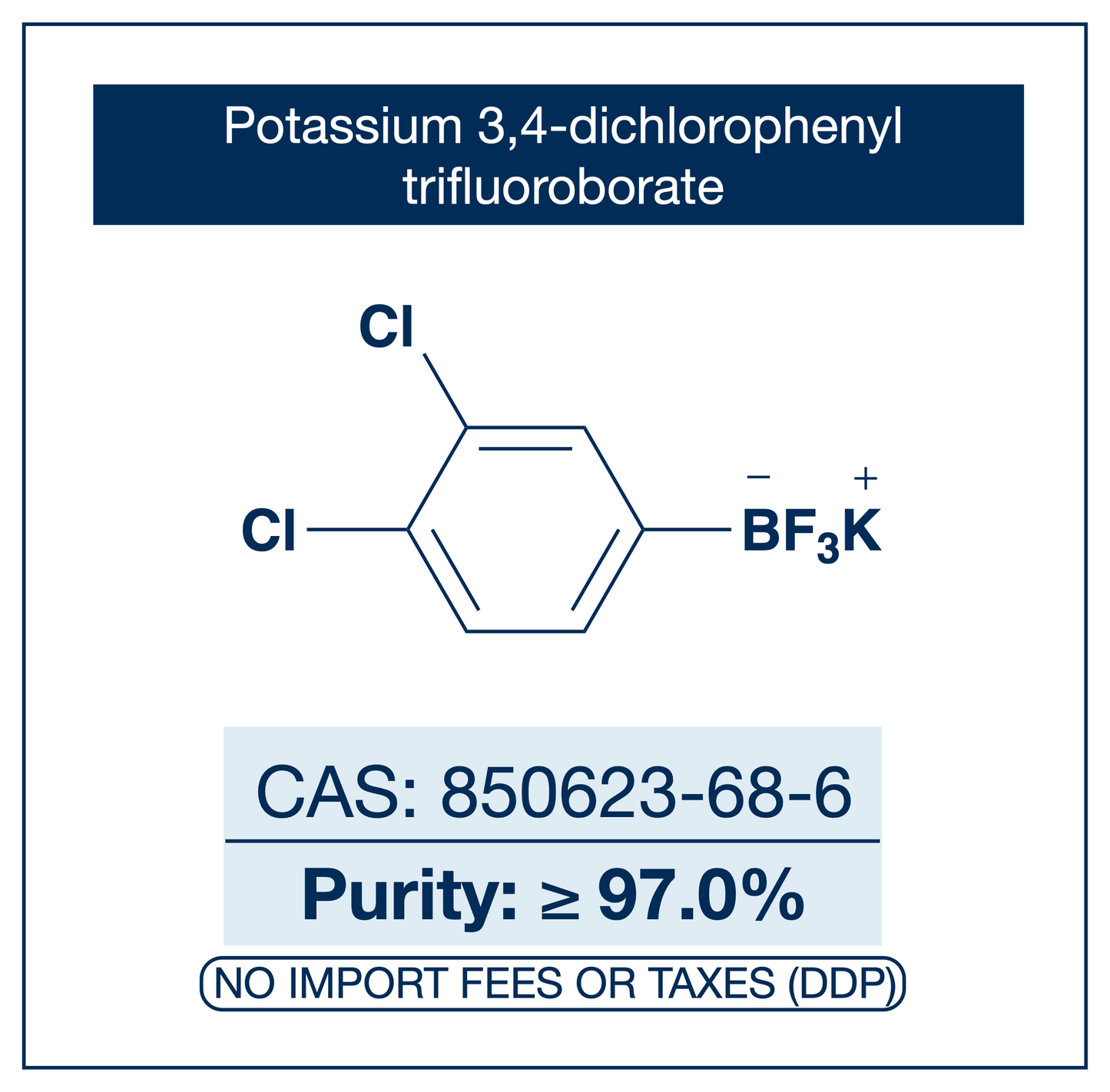 Potassium (3,4-dichlorophenyl)trifluoroborate, CAS 850623-68-6, purity ≥97.0%, structure showing 3,4-dichlorophenyl ring bonded to BF₃K trifluoroborate salt, DDP shipping, NorrChemica.​​​​​​​​​​​​​​​​