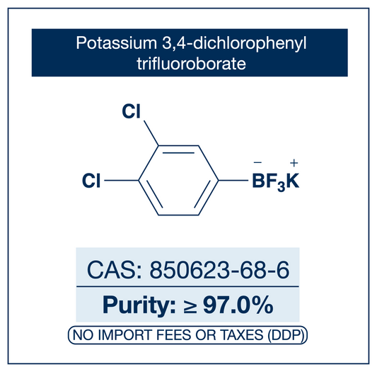 Potassium (3,4-dichlorophenyl)trifluoroborate, CAS 850623-68-6, purity ≥97.0%, structure showing 3,4-dichlorophenyl ring bonded to BF₃K trifluoroborate salt, DDP shipping, NorrChemica.​​​​​​​​​​​​​​​​