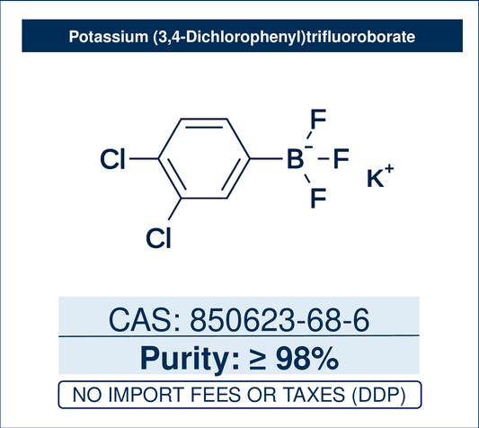 Chemical structure of Potassium (3,4-Dichlorophenyl)trifluoroborate, CAS 850623-68-6, ≥98% — bench-stable, air-tolerant aryltrifluoroborate (Molander reagent) and boronic-acid surrogate for Suzuki–Miyaura coupling of electron-poor substrates without protodeboronation, and photoredox/Ni dual-catalysis cross-coupling toward 3,4-dichlorophenyl pharma and agrochem building blocks. Supplied by NorrChemica with DDP shipping. CoA and SDS provided.