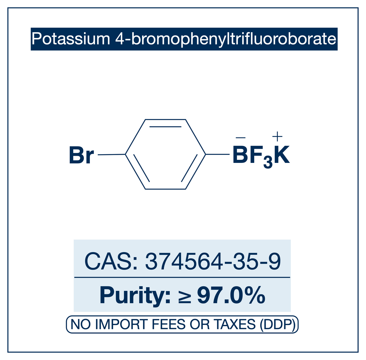 Potassium (4-bromophenyl)trifluoroborate, CAS 374564-35-9, purity ≥97.0%, structure showing 4-bromophenyl ring bonded to BF₃K trifluoroborate salt, DDP shipping, NorrChemica.​​​​​​​​​​​​​​​​