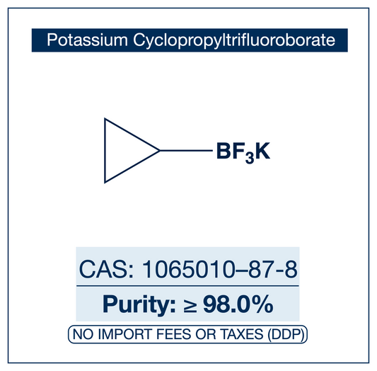 Potassium cyclopropyltrifluoroborate, CAS 1065010-87-8, purity ≥98.0%, structure showing cyclopropane ring bonded to BF₃K trifluoroborate salt, DDP shipping, NorrChemica.​​​​​​​​​​​​​​​​