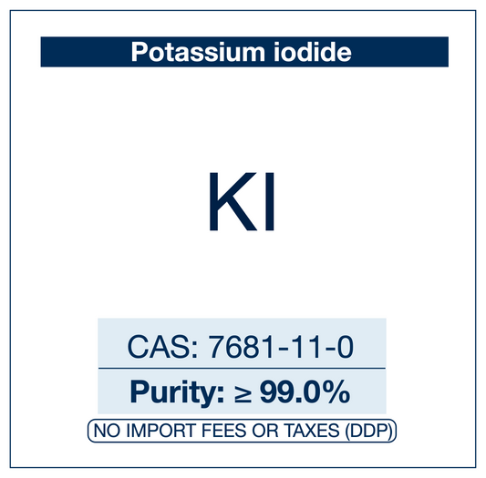 Potassium iodide (KI), CAS 7681-11-0, ≥99.0% — a source of iodide ion used in nucleophilic halide exchange (Finkelstein reaction) and as a reagent in organic synthesis and analytical chemistry. Supplied by NorrChemica with DDP shipping. CoA and SDS provided.