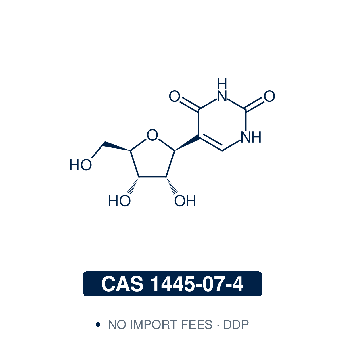 Chemical structure of Pseudouridine (Ψ, 5-ribosyluracil, C₉H₁₂N₂O₆), CAS 1445-07-4, ≥98% — C-nucleoside isomer of uridine with the ribose bound to C5 of uracil, and the most common modified nucleoside in RNA. Used in research on RNA modification and on pseudouridine-containing mRNA, which has a higher translational capacity and lower immunogenicity, in mapping pseudouridine by CMC and bisulfite sequencing, and as a kidney function marker. Supplied by NorrChemica with DDP shipping. CoA and SDS provided.