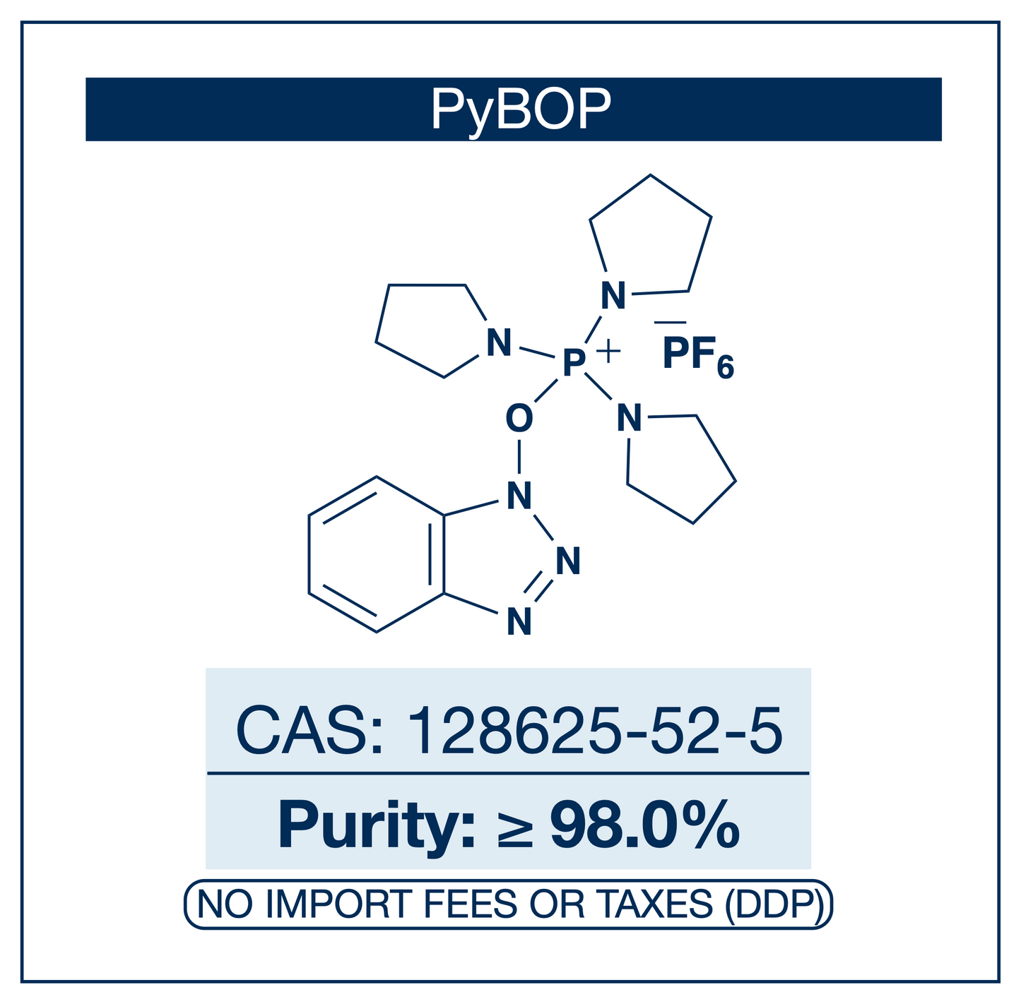 Chemical structure of PyBOP, CAS 128625-52-5, ≥98% — benzotriazol-1-yloxy tripyrrolidinophosphonium hexafluorophosphate peptide coupling reagent providing a phosphonium-mediated alternative to aminium-type HBTU and HATU activation, avoiding guanidinium capping side reactions in long peptide sequences, sterically hindered and N-methylated amino acid couplings, and macrocyclization in solid-phase peptide synthesis (SPPS) and bioconjugation. Supplied by NorrChemica with DDP shipping. CoA and SDS provided.
