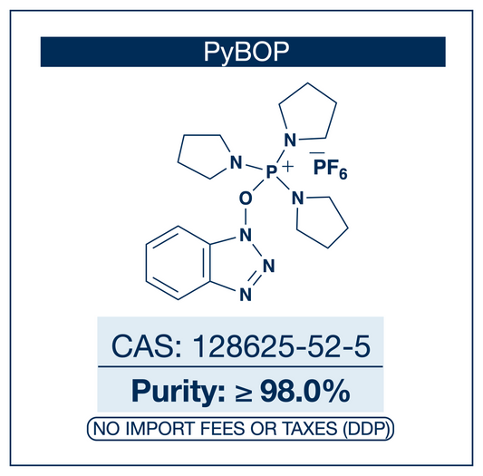 Chemical structure of PyBOP, CAS 128625-52-5, ≥98% — benzotriazol-1-yloxy tripyrrolidinophosphonium hexafluorophosphate peptide coupling reagent providing a phosphonium-mediated alternative to aminium-type HBTU and HATU activation, avoiding guanidinium capping side reactions in long peptide sequences, sterically hindered and N-methylated amino acid couplings, and macrocyclization in solid-phase peptide synthesis (SPPS) and bioconjugation. Supplied by NorrChemica with DDP shipping. CoA and SDS provided.
