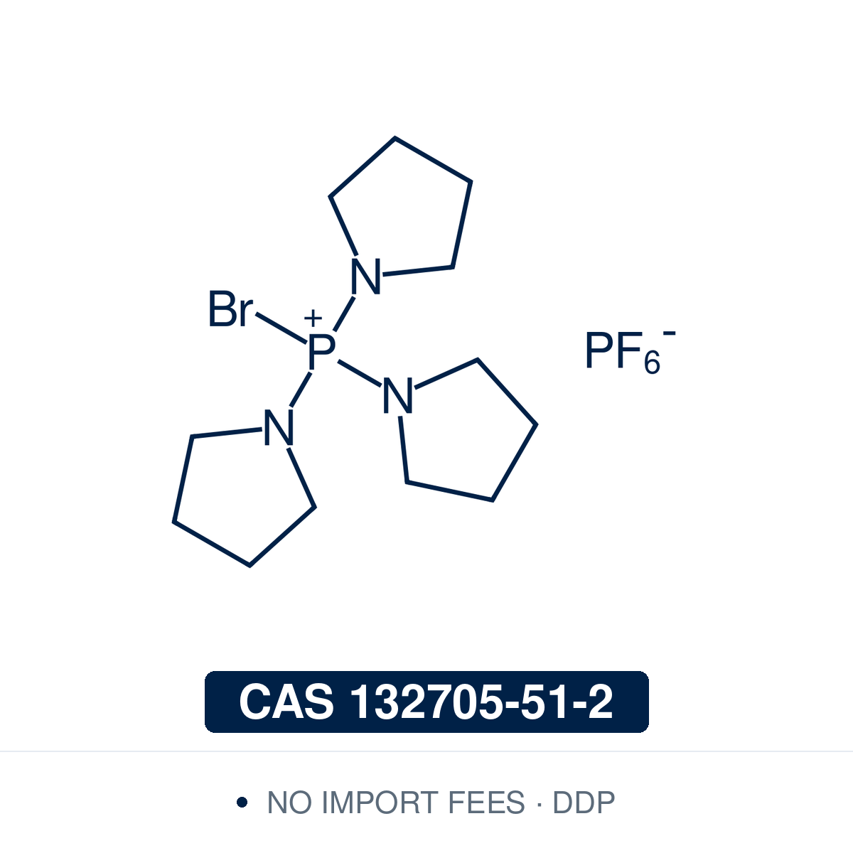 Chemical structure of PyBroP, CAS 132705-51-2, ≥98% — bromotris(pyrrolidin-1-yl)phosphonium hexafluorophosphate, a phosphonium coupling reagent for difficult and hindered amide bonds, including N-methyl amino acids, and ester or heteroaryl activation. Supplied by NorrChemica with DDP shipping. CoA and SDS provided.